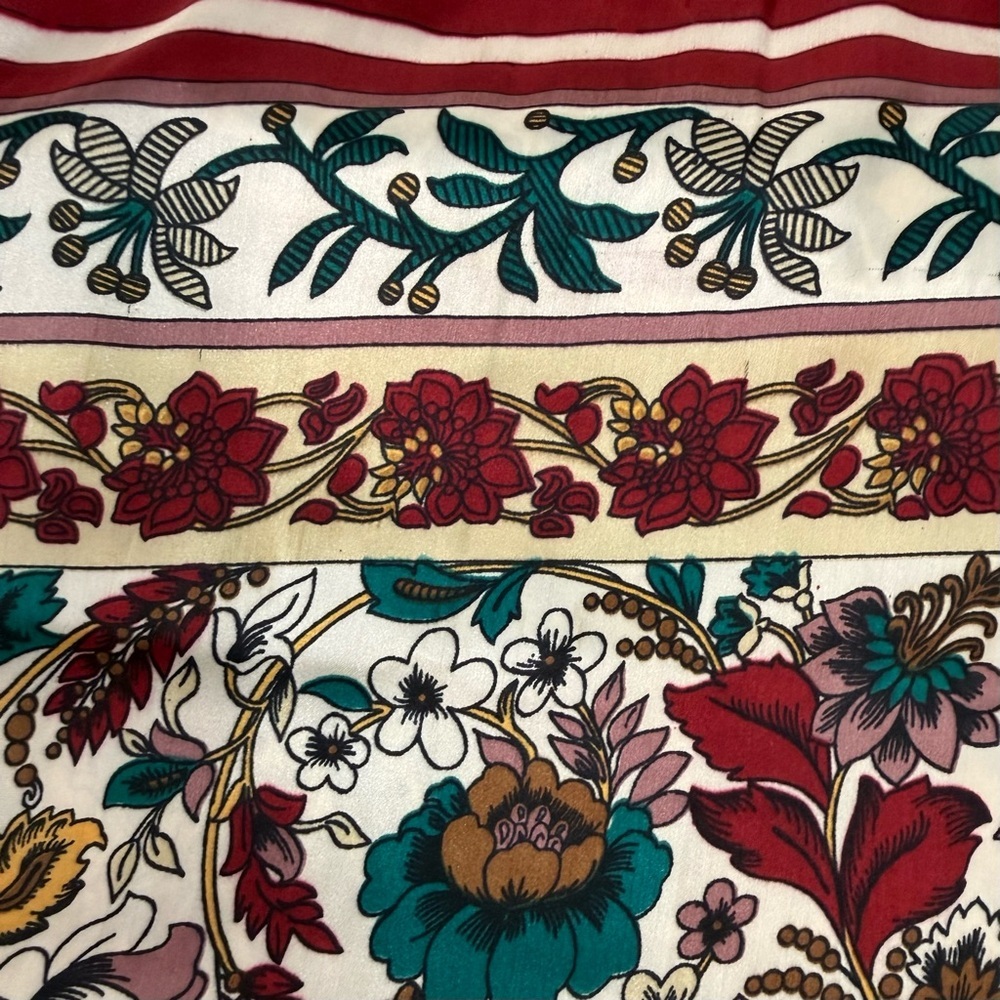 Large 42” Floral Silk Scarf Colorful Shawl Multi Border Red Green Gold Burgundy - Picture 5 of 7